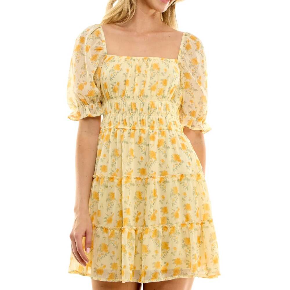 Trixxi Juniors Emma Tiered Ruffle Mini Dress Smocked Waist Yellow Small NWOT